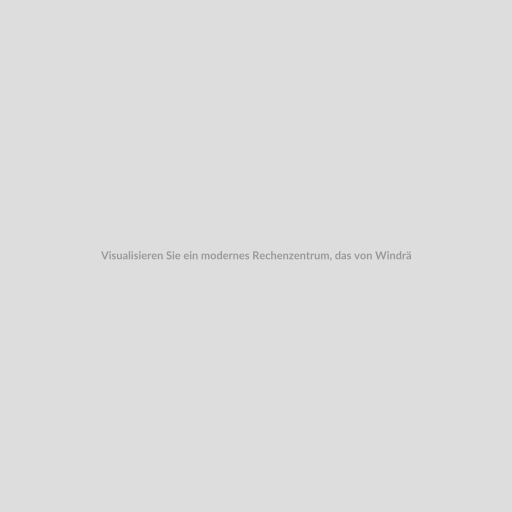 Visualisieren Sie ein modernes Rechenzentrum, das von Windrädern und Solarpaneelen umgeben ist, um den Konzept von 100% Ökostrom zu illustrieren.