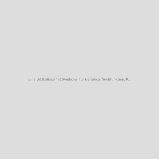 Eine Bildkollage mit Symbolen für Beratung, Suchfunktion, Kundenmanagement und Effizienz. In der Mitte steht der Text 'Beraterportal-Schnellsuche: Optimieren Sie Ihren Beratungsprozess'.