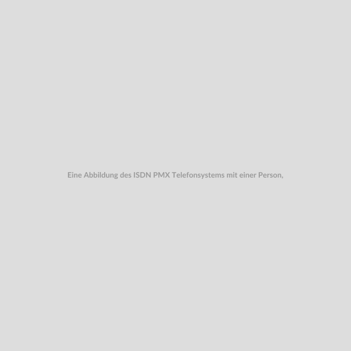 Eine Abbildung des ISDN PMX Telefonsystems mit einer Person, die es verwendet. Auf dem Bildschirm sind verschiedene Funktionen wie Anrufverwaltung und Anrufprotokolle zu sehen.
