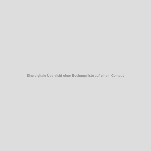 Eine digitale Übersicht einer Buchungsliste auf einem Computerbildschirm, im Hintergrund sind verschwommene Silhouetten von Geschäftsleuten zu sehen.