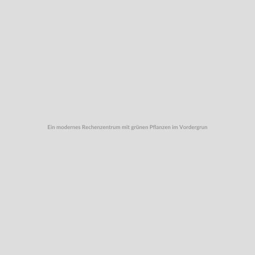 Ein modernes Rechenzentrum mit grünen Pflanzen im Vordergrund, um die Umweltfreundlichkeit und den Einsatz von 100% Ökostrom zu symbolisieren.
